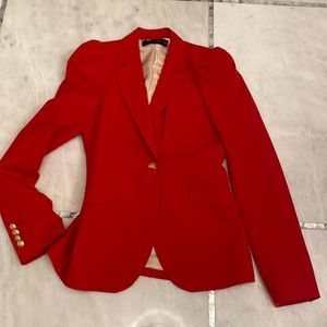 Zara red blazer with gold buttons.